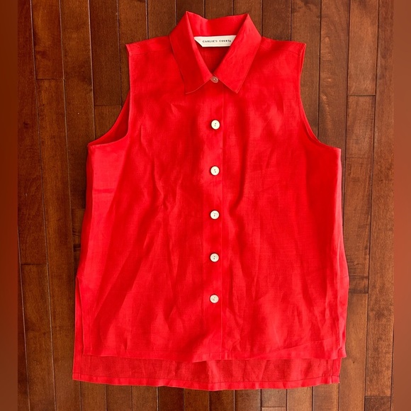carlies court Tops - Carlie’s Court Sleeveless Linen Coral Button-Up Tunic Top Size 12